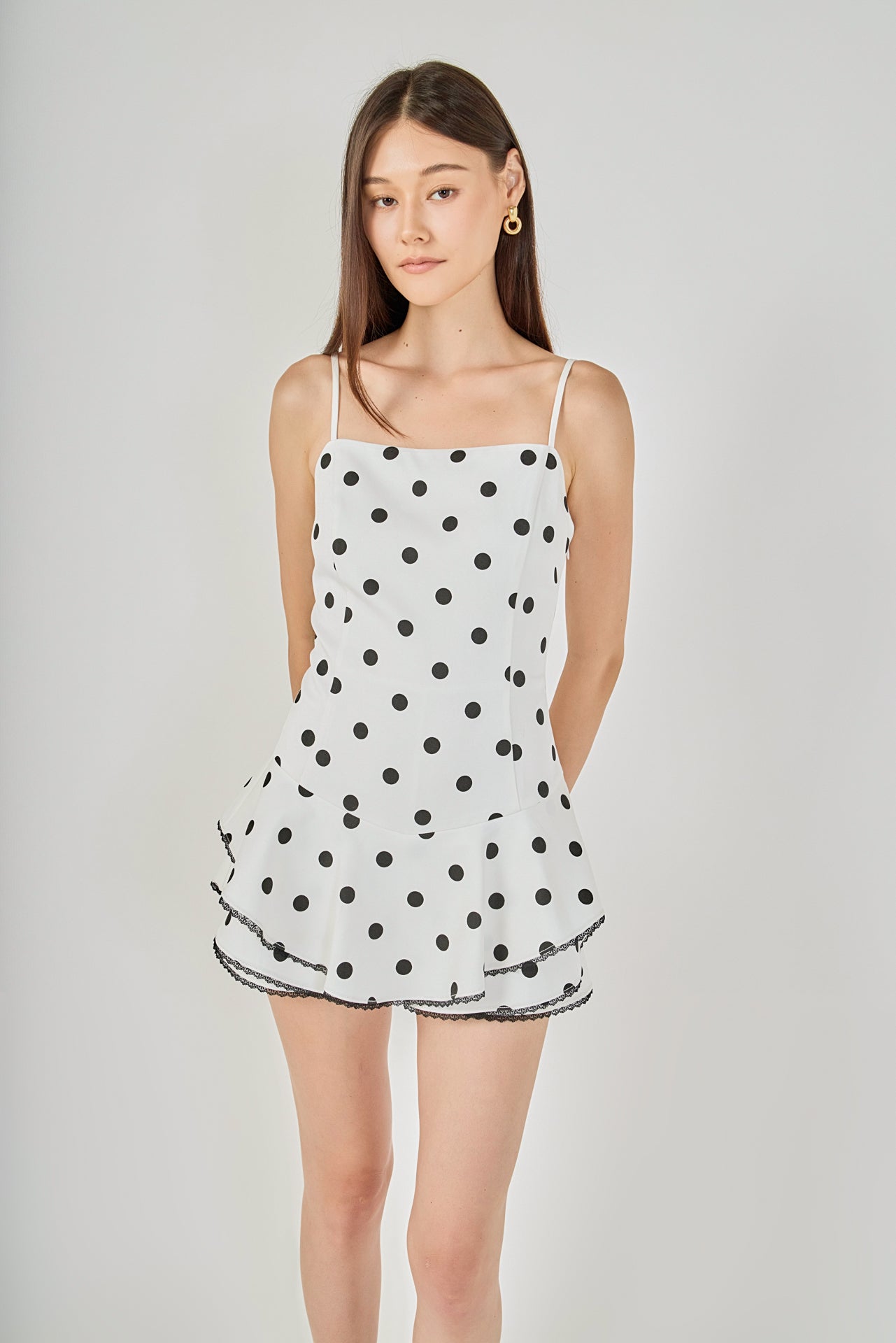 ENDLESS ROSE - Polka Dot Lace Trimmed Romper - ROMPERS available at Objectrare