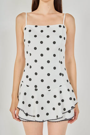 ENDLESS ROSE - Polka Dot Lace Trimmed Romper - ROMPERS available at Objectrare