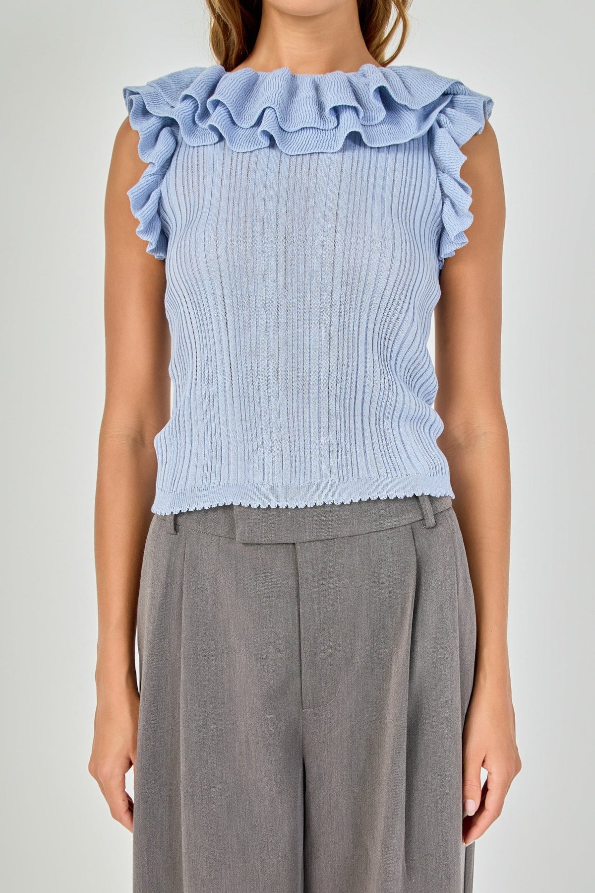 Ruffle Trim Pleated Knit Top