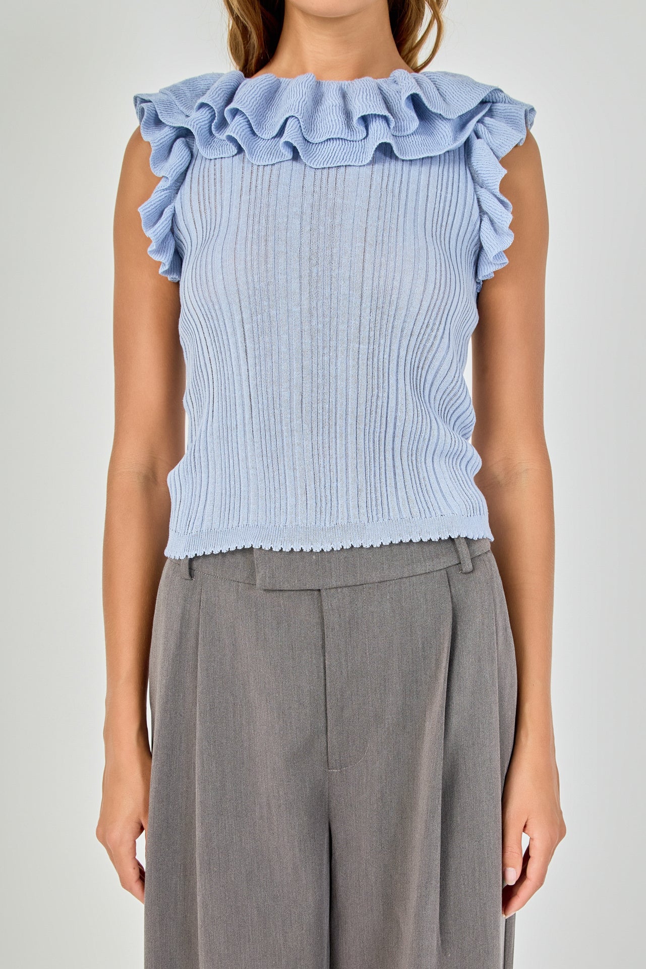 ENDLESS ROSE - Ruffle Trim Pleated Knit Top - TOPS available at Objectrare