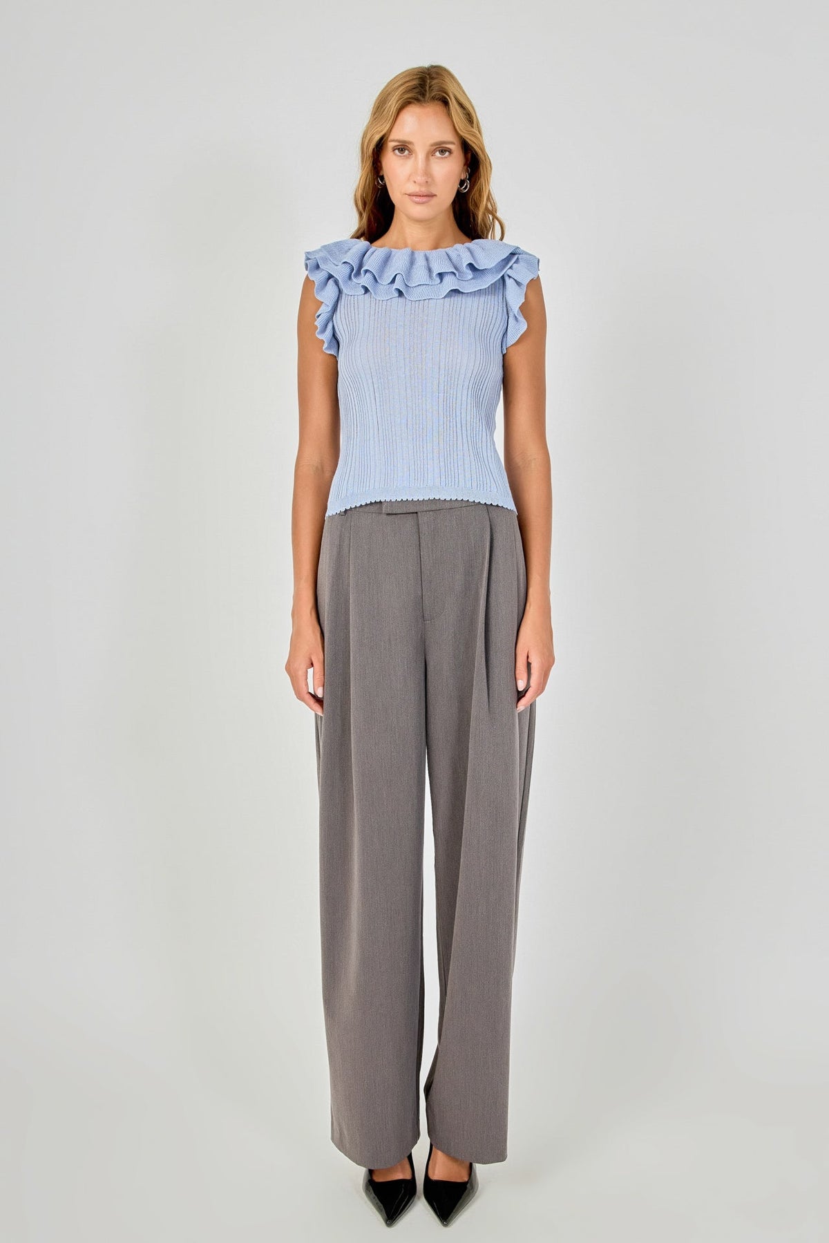 Ruffle Trim Pleated Knit Top