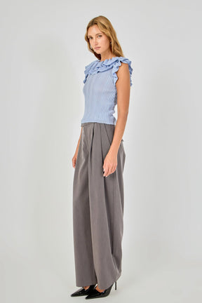 ENDLESS ROSE - Ruffle Trim Pleated Knit Top - TOPS available at Objectrare