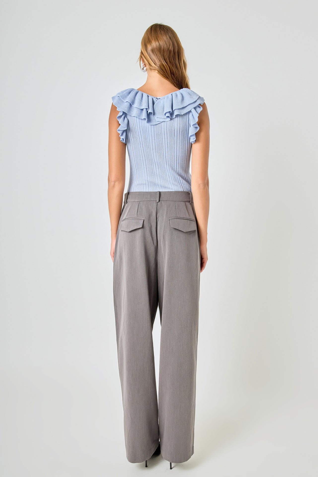 ENDLESS ROSE - Ruffle Trim Pleated Knit Top - TOPS available at Objectrare