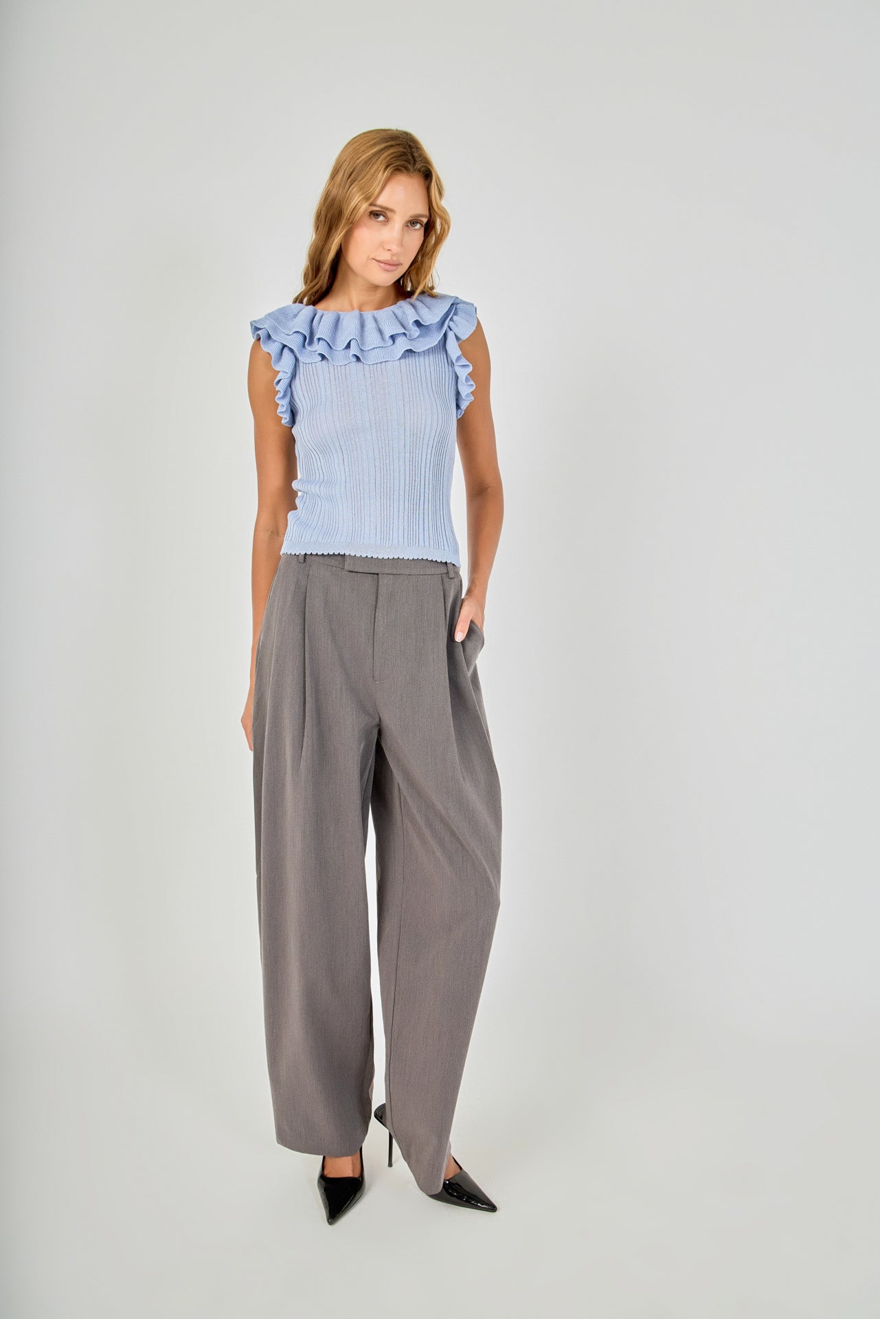 ENDLESS ROSE - Ruffle Trim Pleated Knit Top - TOPS available at Objectrare