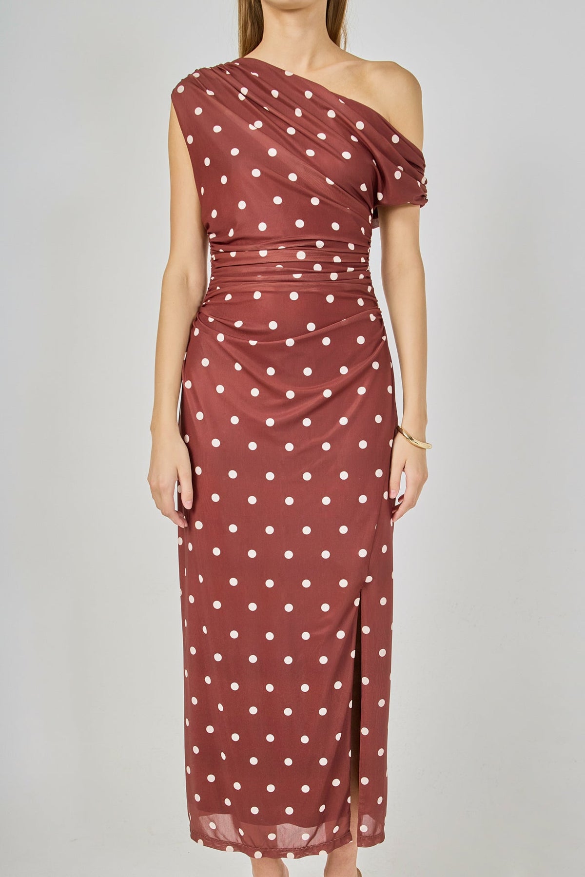 Off Shoulder Polka Dot Mesh Maxi Dress