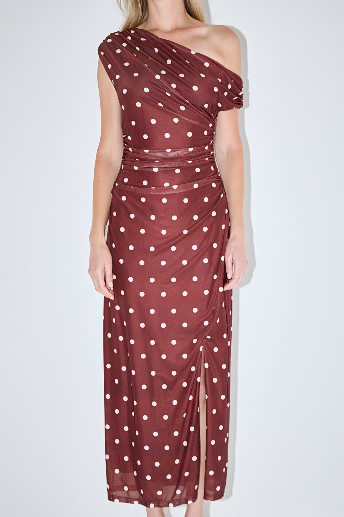 ENDLESS ROSE - Off Shoulder Polka Dot Mesh Maxi Dress - DRESSES available at Objectrare