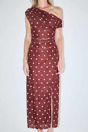 ENDLESS ROSE - Off Shoulder Polka Dot Mesh Maxi Dress - DRESSES available at Objectrare