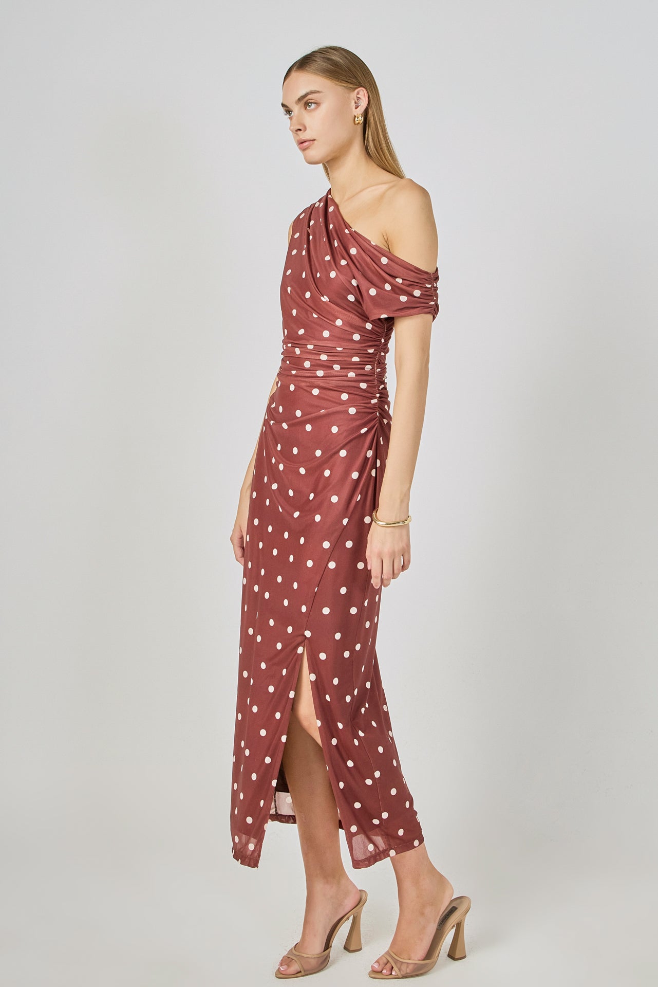 Off Shoulder Polka Dot Mesh Maxi Dress