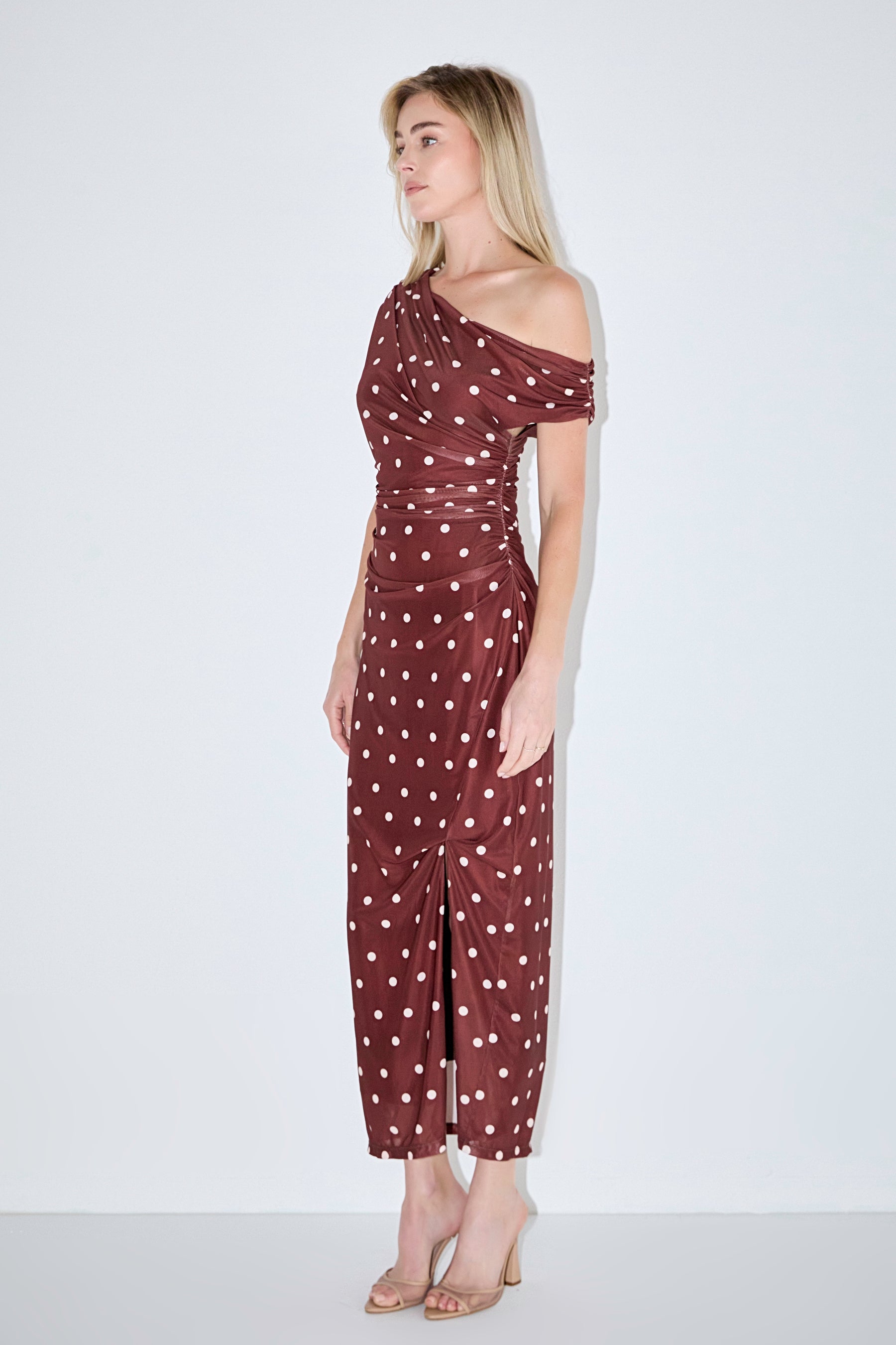 ENDLESS ROSE - Off Shoulder Polka Dot Mesh Maxi Dress - DRESSES available at Objectrare