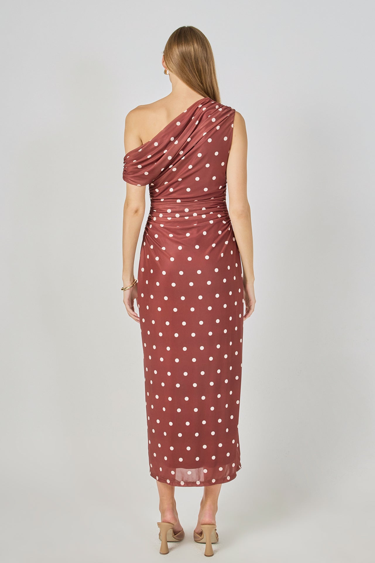 Off Shoulder Polka Dot Mesh Maxi Dress