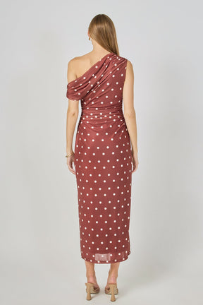 Off Shoulder Polka Dot Mesh Maxi Dress