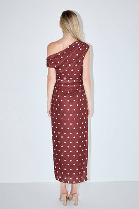 ENDLESS ROSE - Off Shoulder Polka Dot Mesh Maxi Dress - DRESSES available at Objectrare