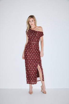 ENDLESS ROSE - Off Shoulder Polka Dot Mesh Maxi Dress - DRESSES available at Objectrare