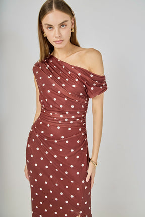 Off Shoulder Polka Dot Mesh Maxi Dress