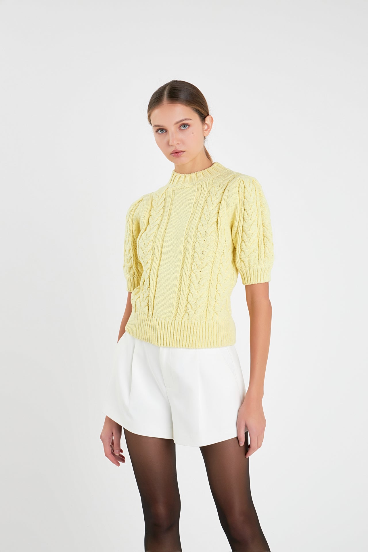 ENGLISH FACTORY - Cable Knit Puff Sleeve Sweater - SWEATERS & KNITS available at Objectrare