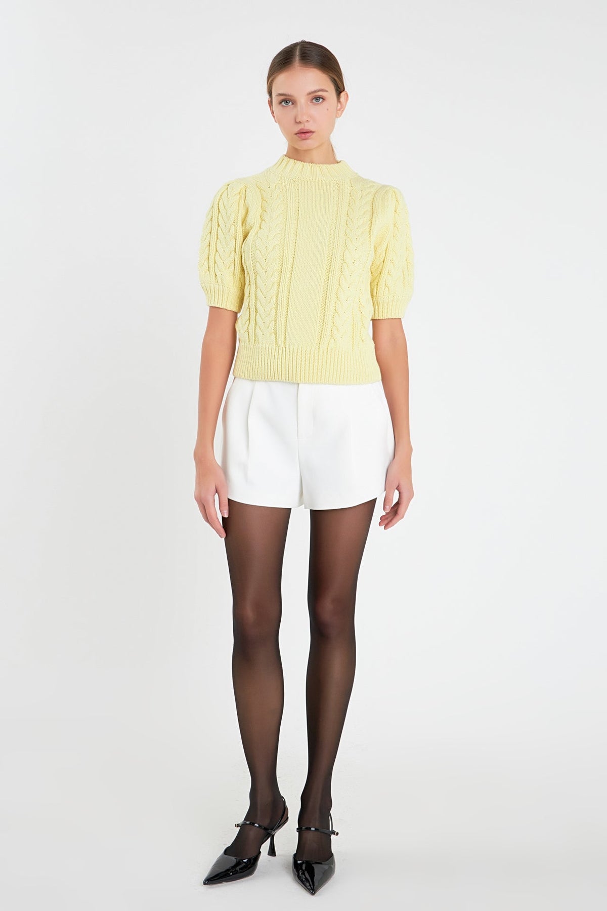 ENGLISH FACTORY - Cable Knit Puff Sleeve Sweater - SWEATERS & KNITS available at Objectrare