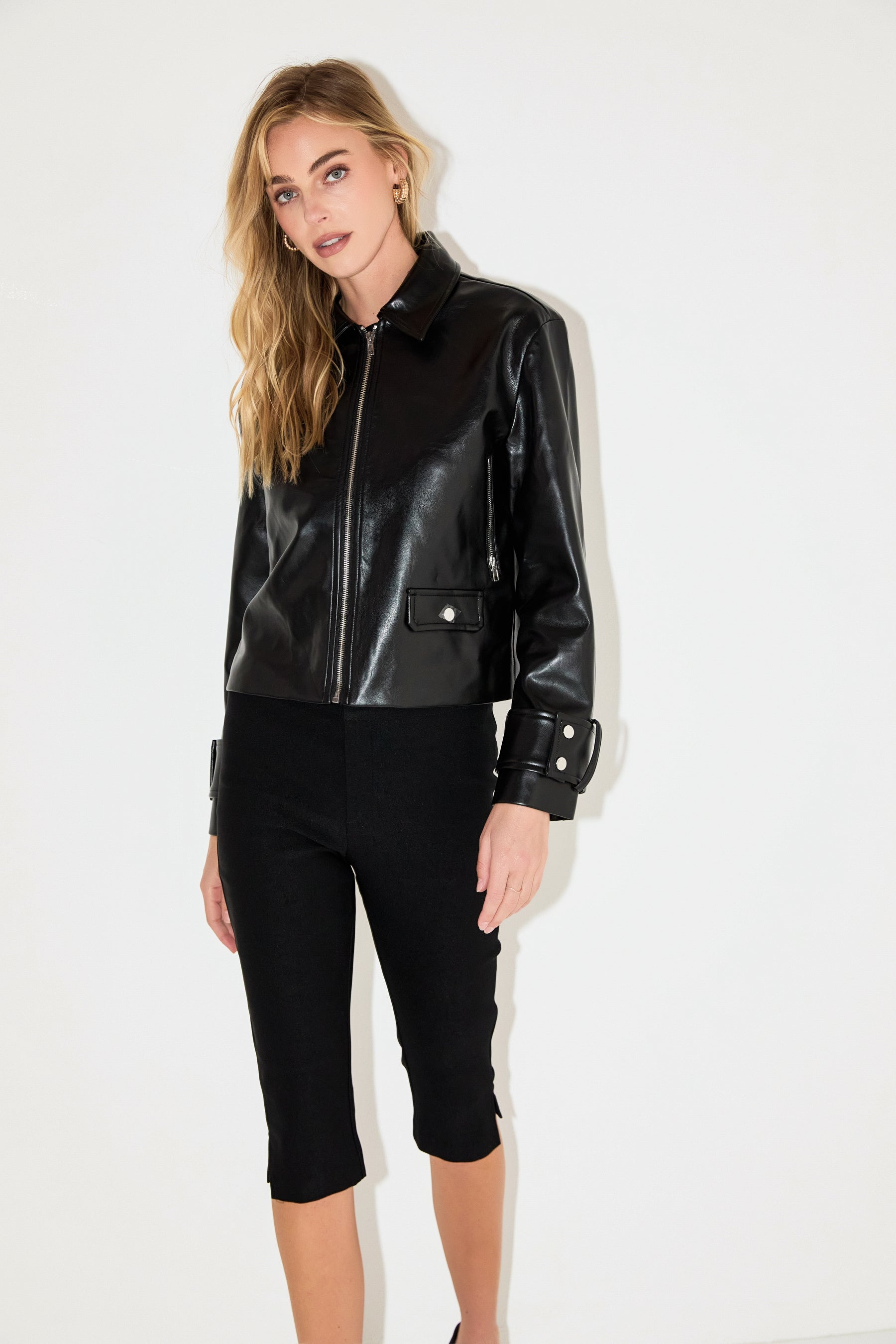 GREY LAB - Zip Up Cropped Faux Leather Jacket - JACKETS available at Objectrare