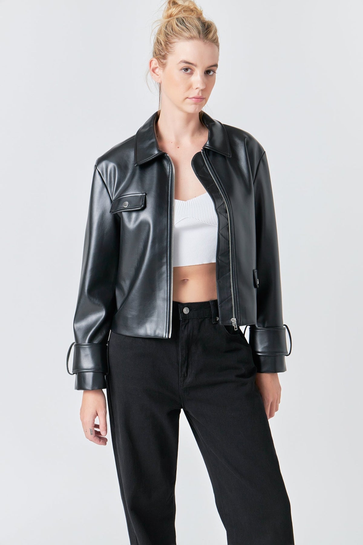 Grey Lab - Zip Up Cropped Faux Leather Jacket