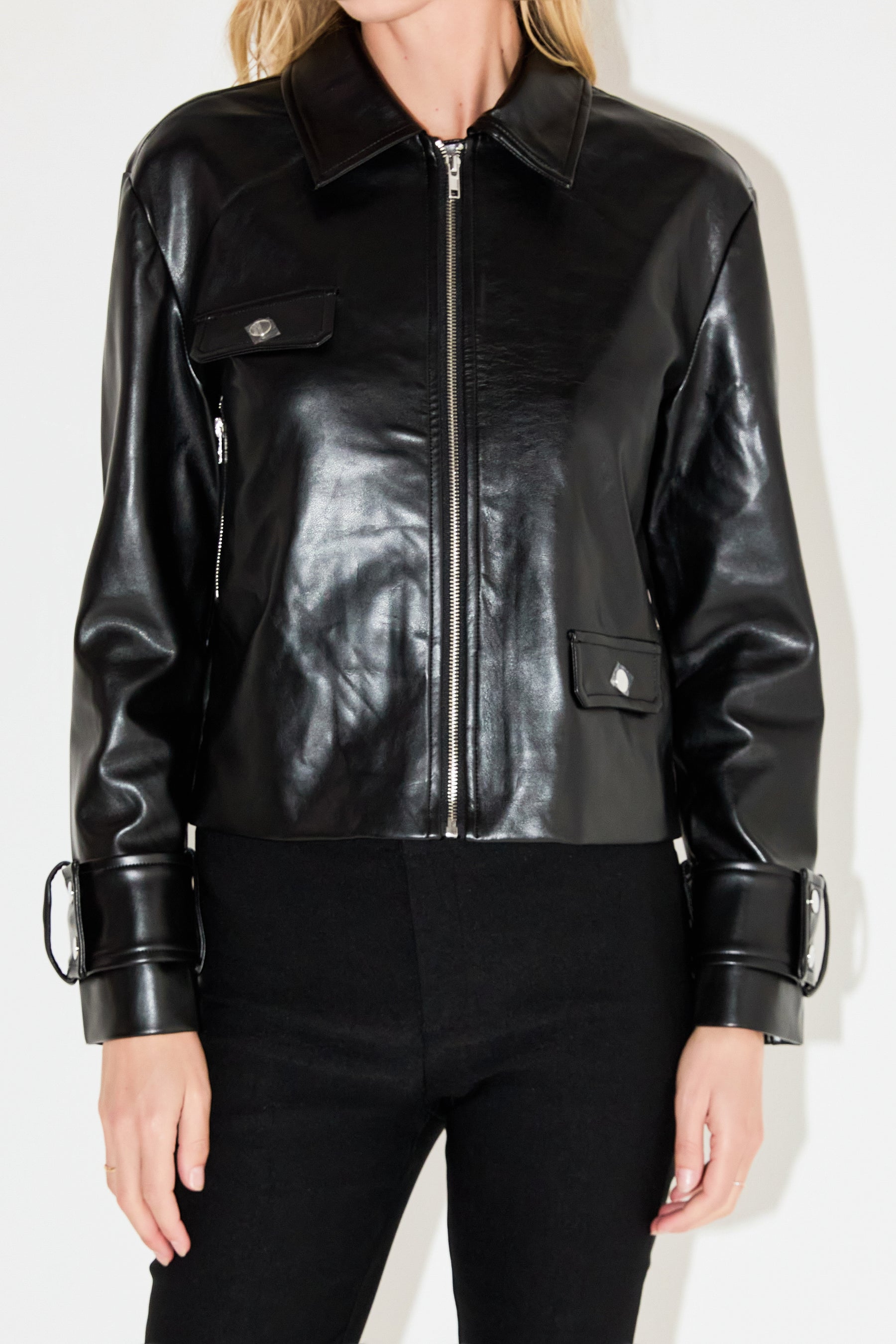 GREY LAB - Zip Up Cropped Faux Leather Jacket - JACKETS available at Objectrare