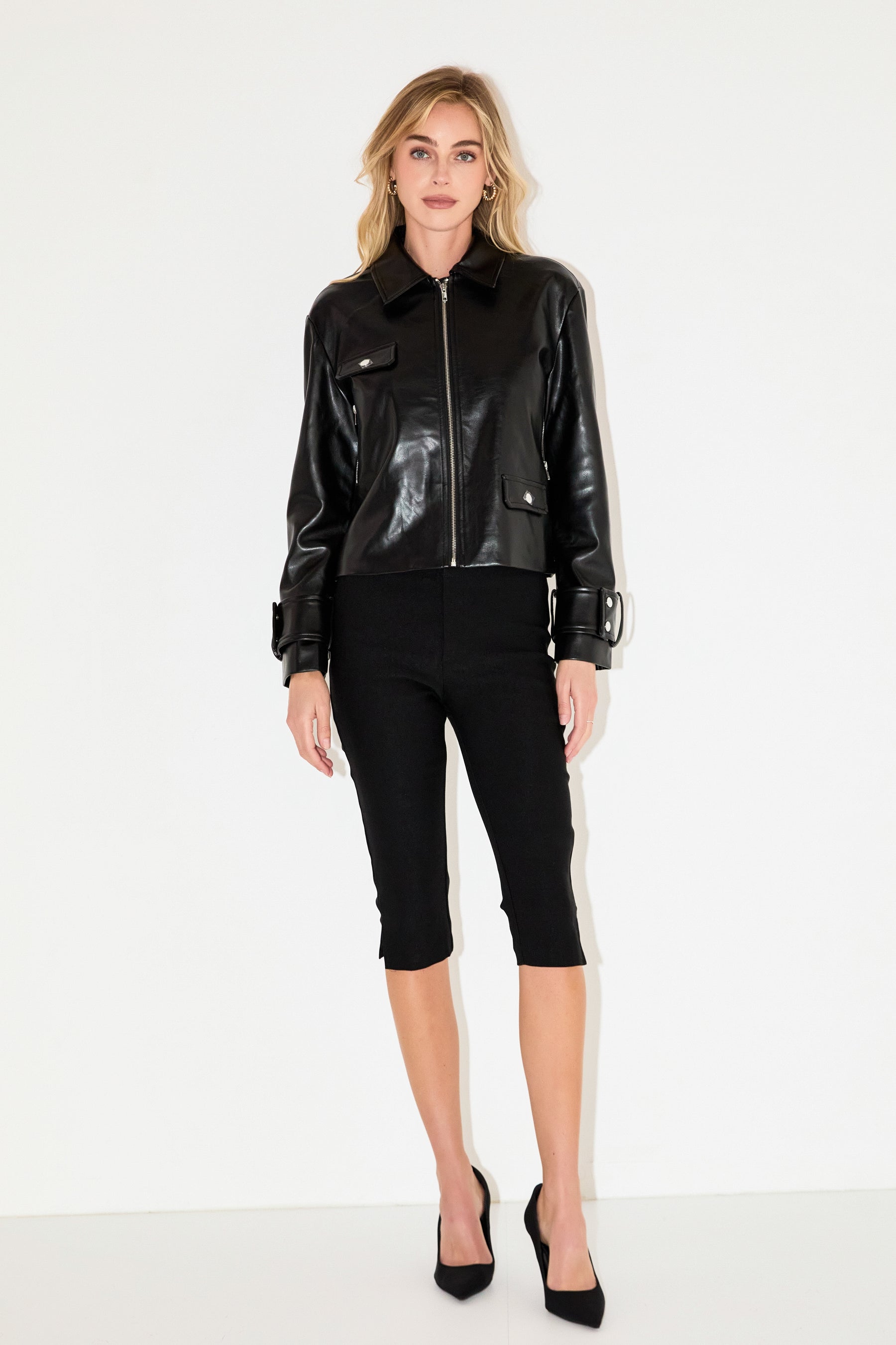 GREY LAB - Zip Up Cropped Faux Leather Jacket - JACKETS available at Objectrare