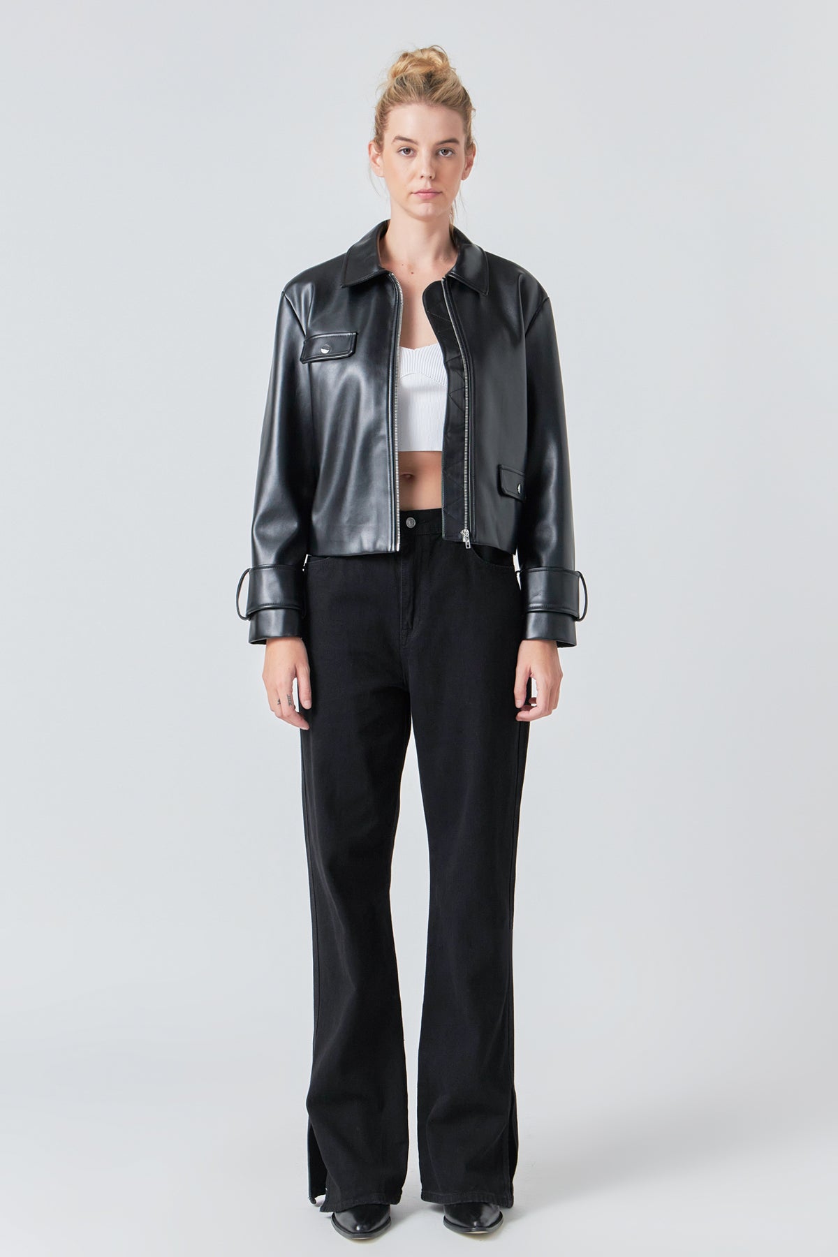 GREY LAB - Zip Up Cropped Faux Leather Jacket - JACKETS available at Objectrare