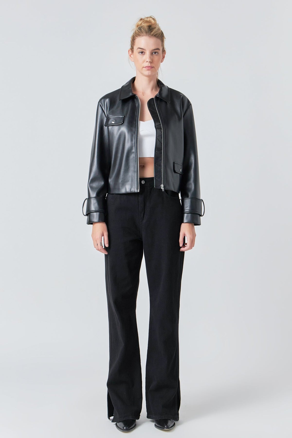 Grey Lab - Zip Up Cropped Faux Leather Jacket