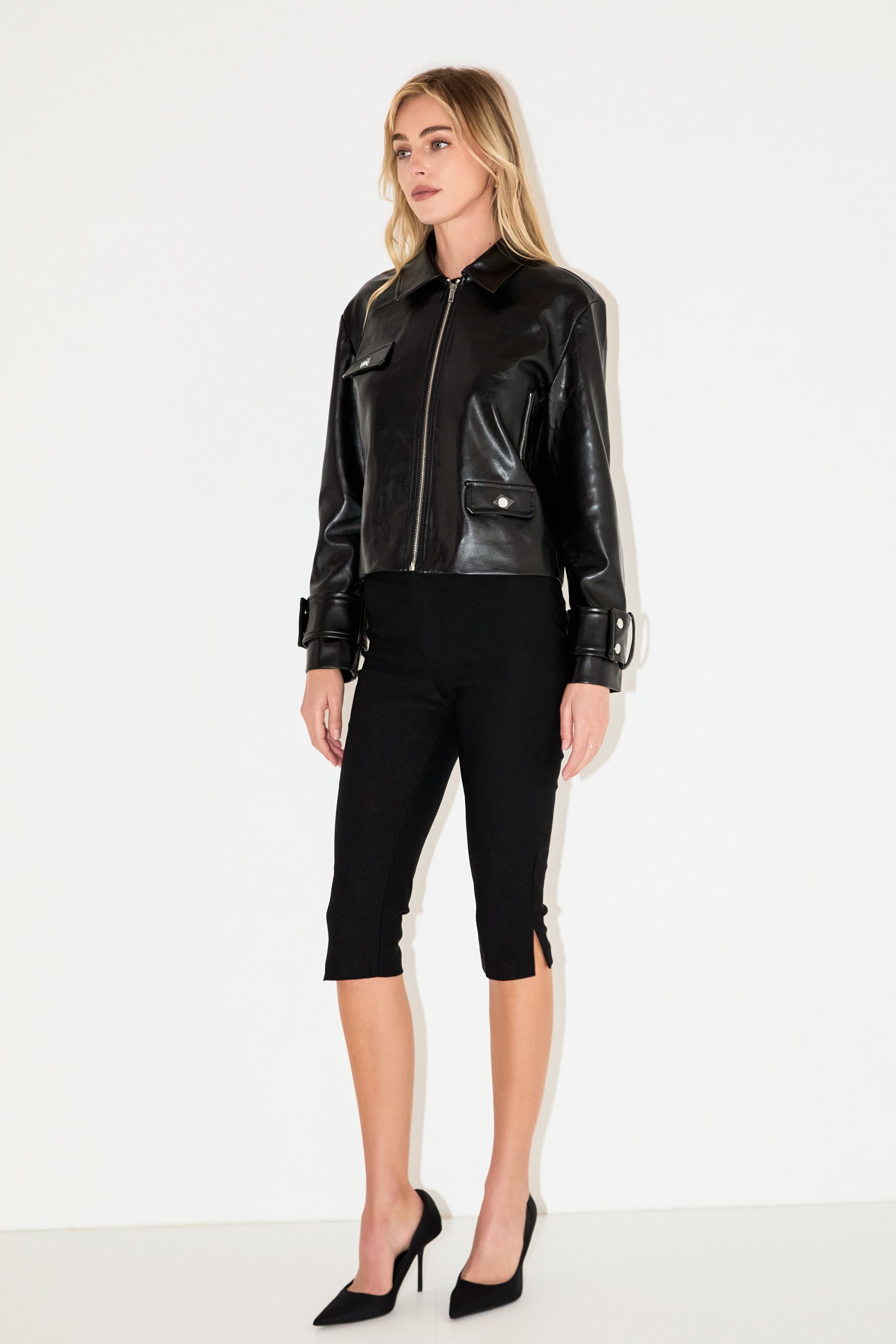 GREY LAB - Zip Up Cropped Faux Leather Jacket - JACKETS available at Objectrare
