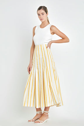 Stripe Poplin Pleated Maxi Skirt