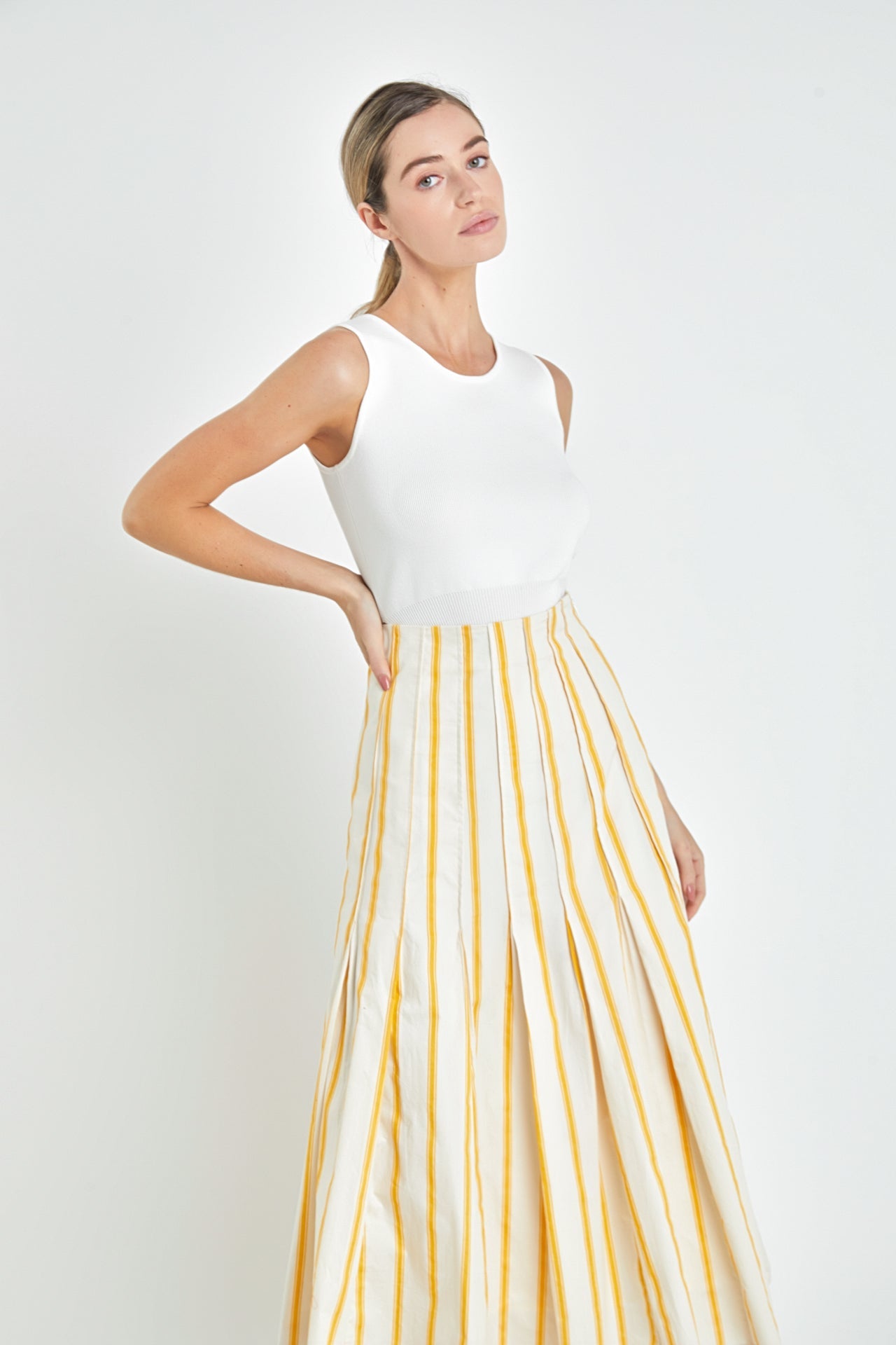 Stripe Poplin Pleated Maxi Skirt