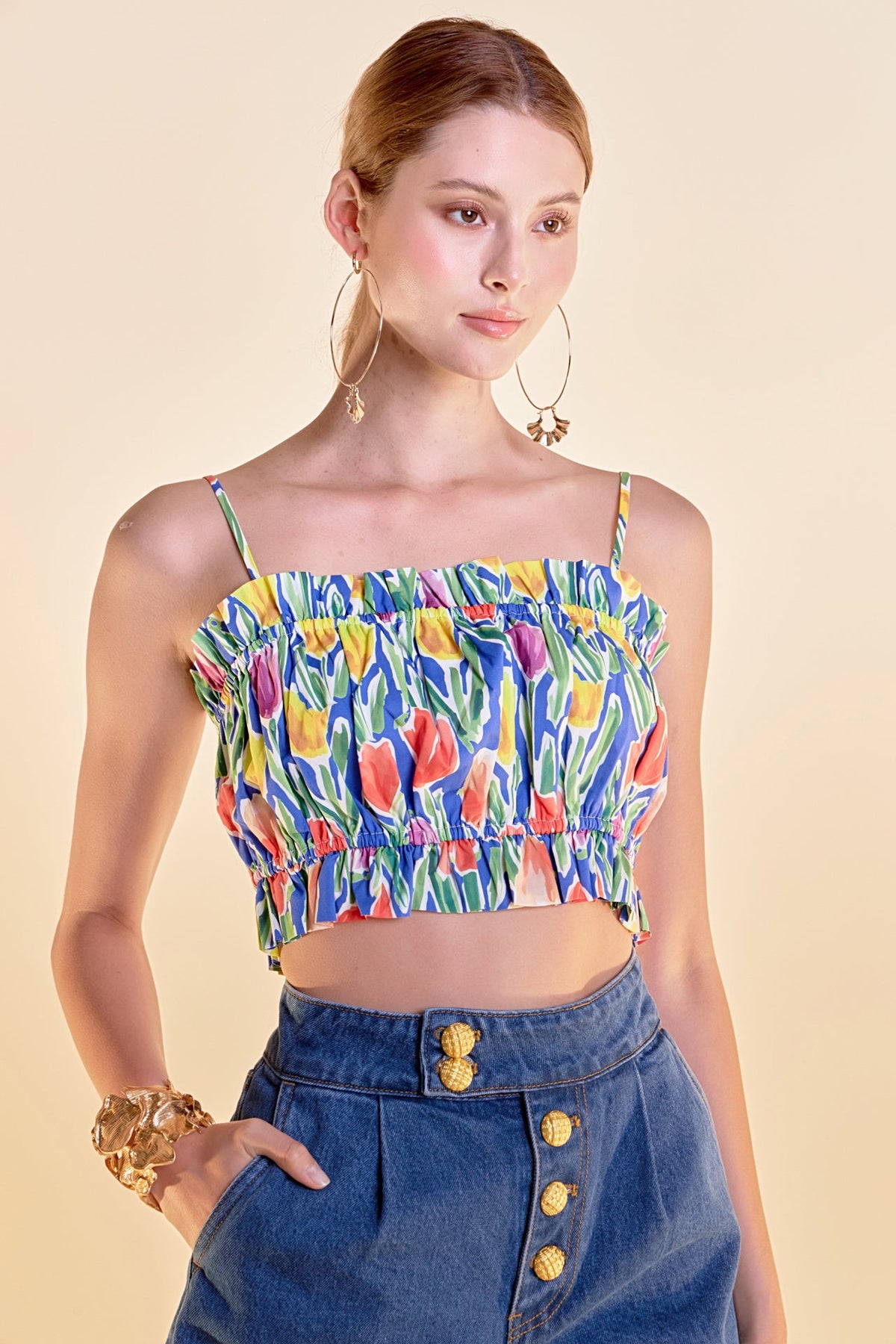 ENGLISH FACTORY - Floral Print Ruffled Cropped Top - TOPS available at Objectrare