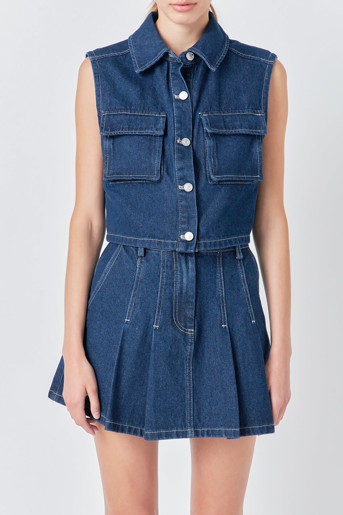 GREY LAB - Cropped Denim Vest with Pockets - TOPS available at Objectrare