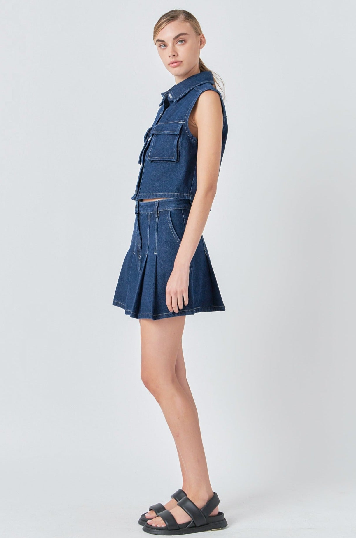 GREY LAB - Cropped Denim Vest with Pockets - VEST available at Objectrare