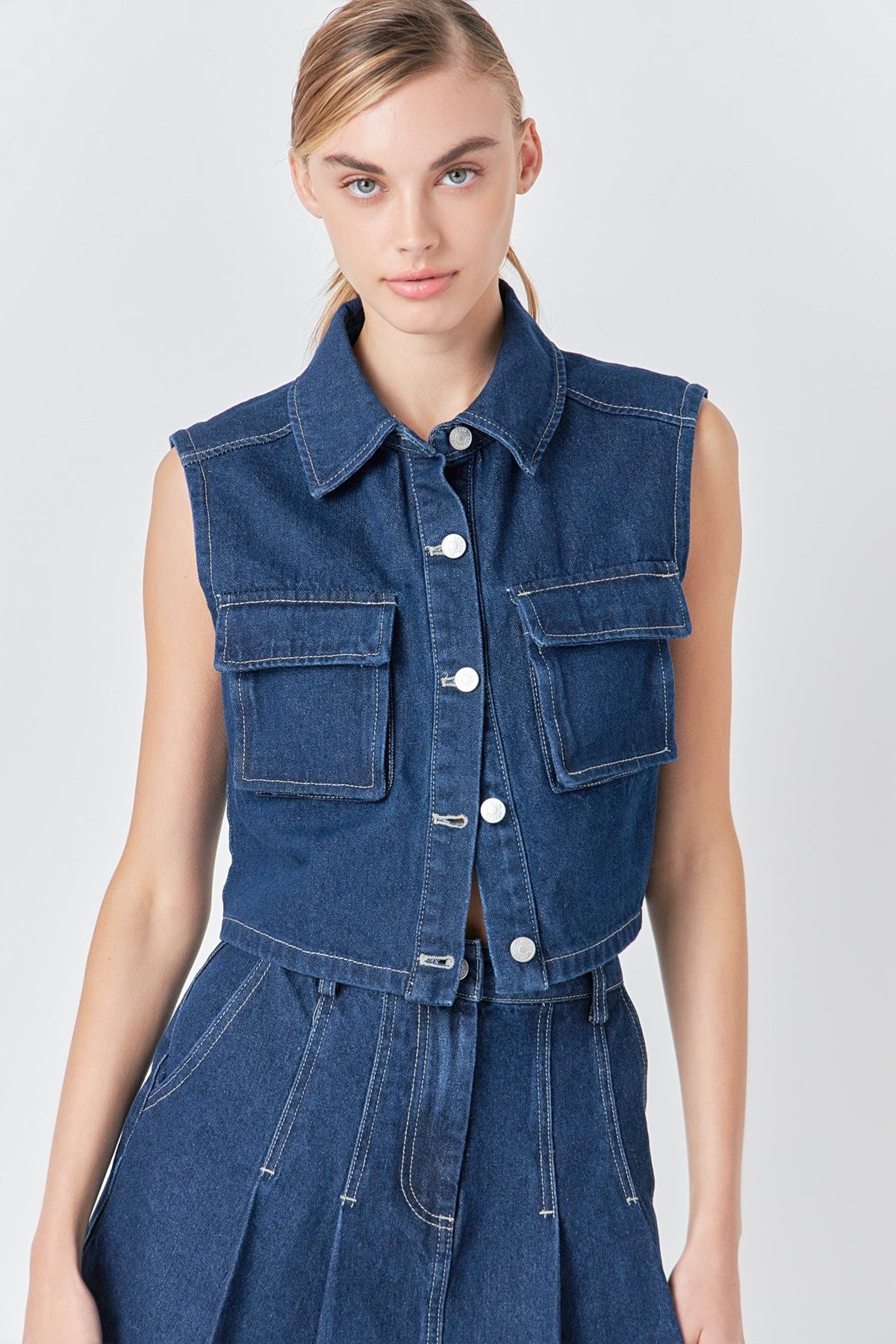 GREY LAB - Cropped Denim Vest with Pockets - VEST available at Objectrare