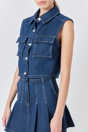 GREY LAB - Cropped Denim Vest with Pockets - VEST available at Objectrare