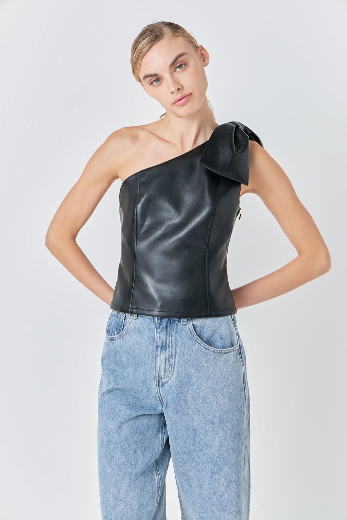 GREY LAB - Asymmetric Faux Leather Top with Bow Tie - TOPS available at Objectrare