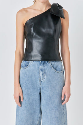 GREY LAB - Asymmetric Faux Leather Top with Bow Tie - TOPS available at Objectrare