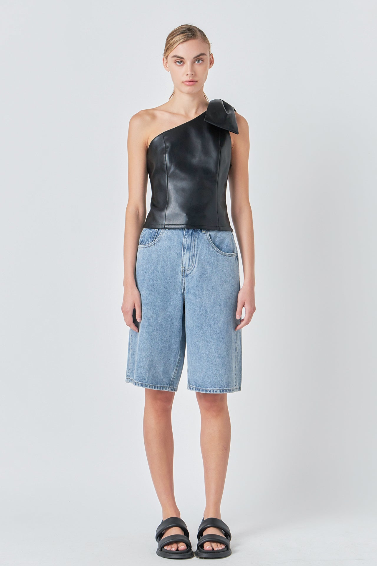 GREY LAB - Grey Lab - Asymmetric Faux Leather Top with Bow Tie - TOPS available at Objectrare