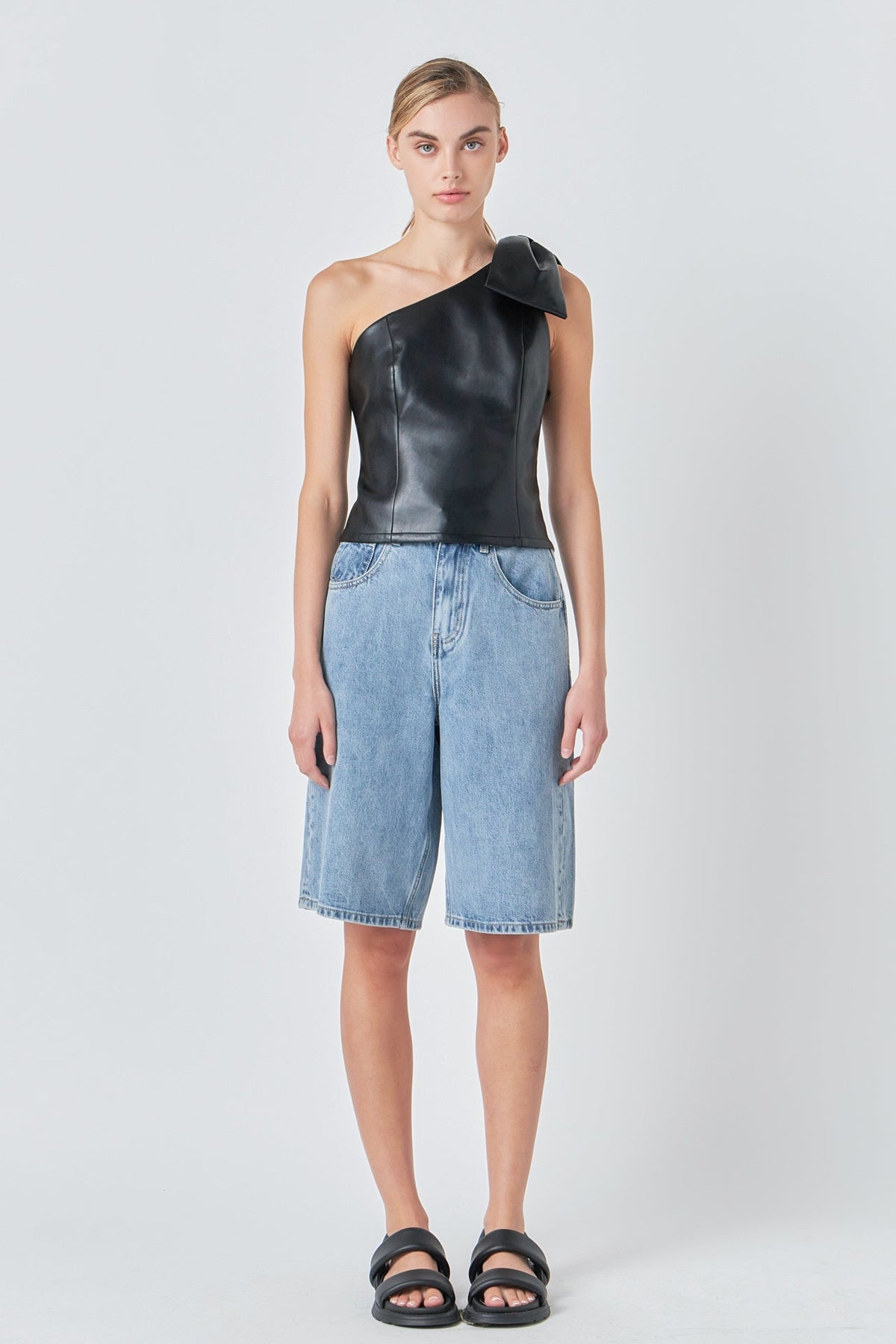 GREY LAB - Asymmetric Faux Leather Top with Bow Tie - TOPS available at Objectrare
