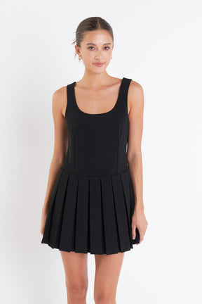U-Neck Pleated Sleeveless Mini Dress