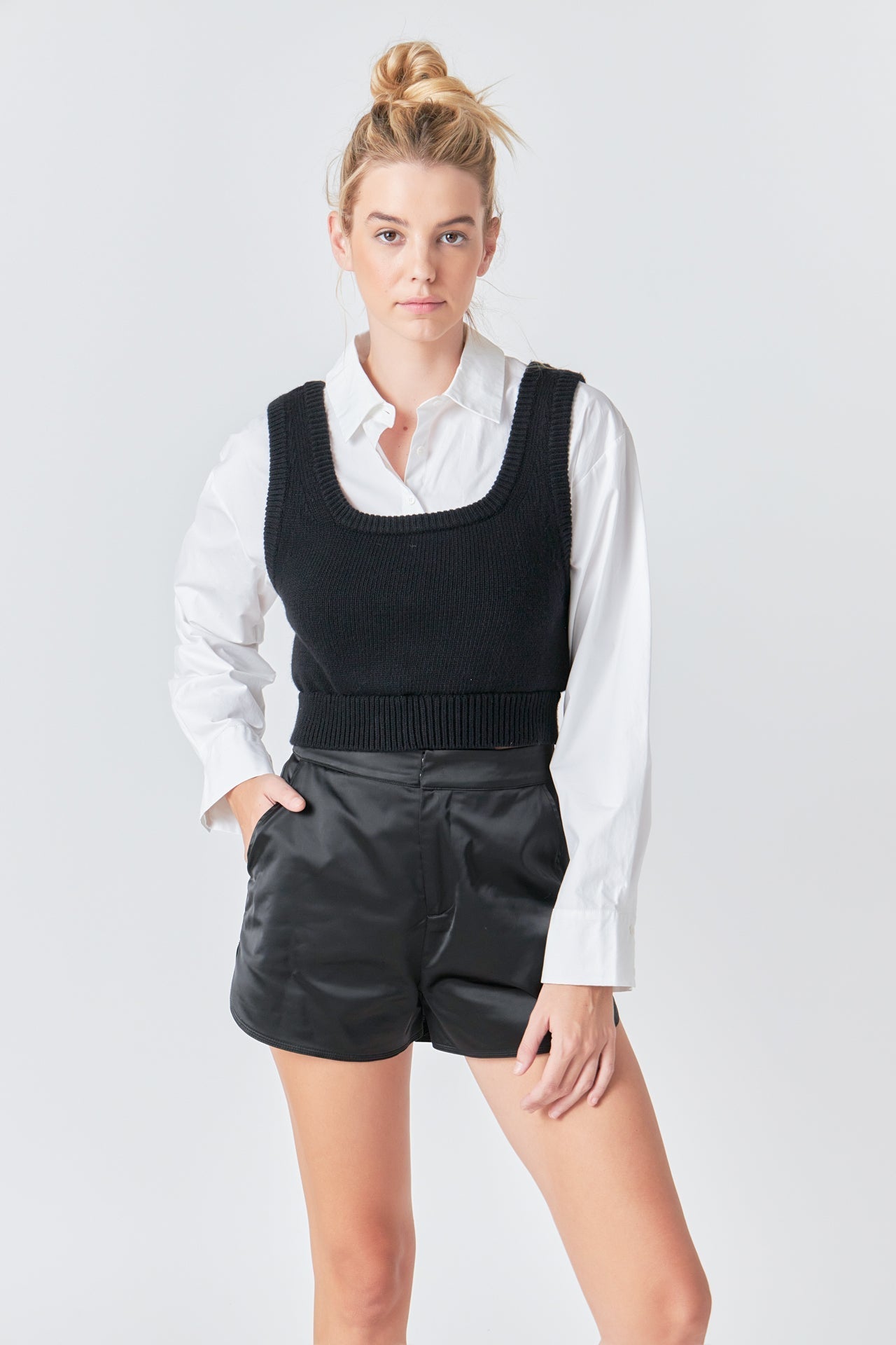 GREY LAB - Grey Lab - Cropped Knit Top Over Shirt - SHIRTS & BLOUSES available at Objectrare