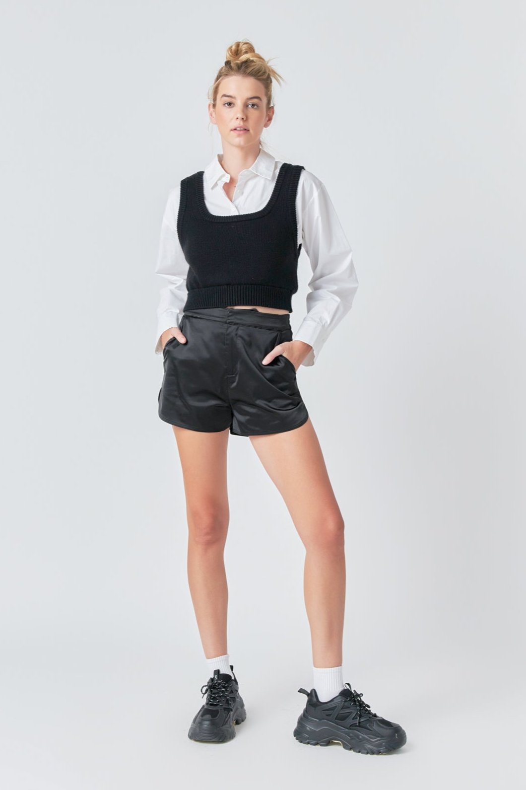 GREY LAB - Cropped Knit Top Over Shirt - TOPS available at Objectrare