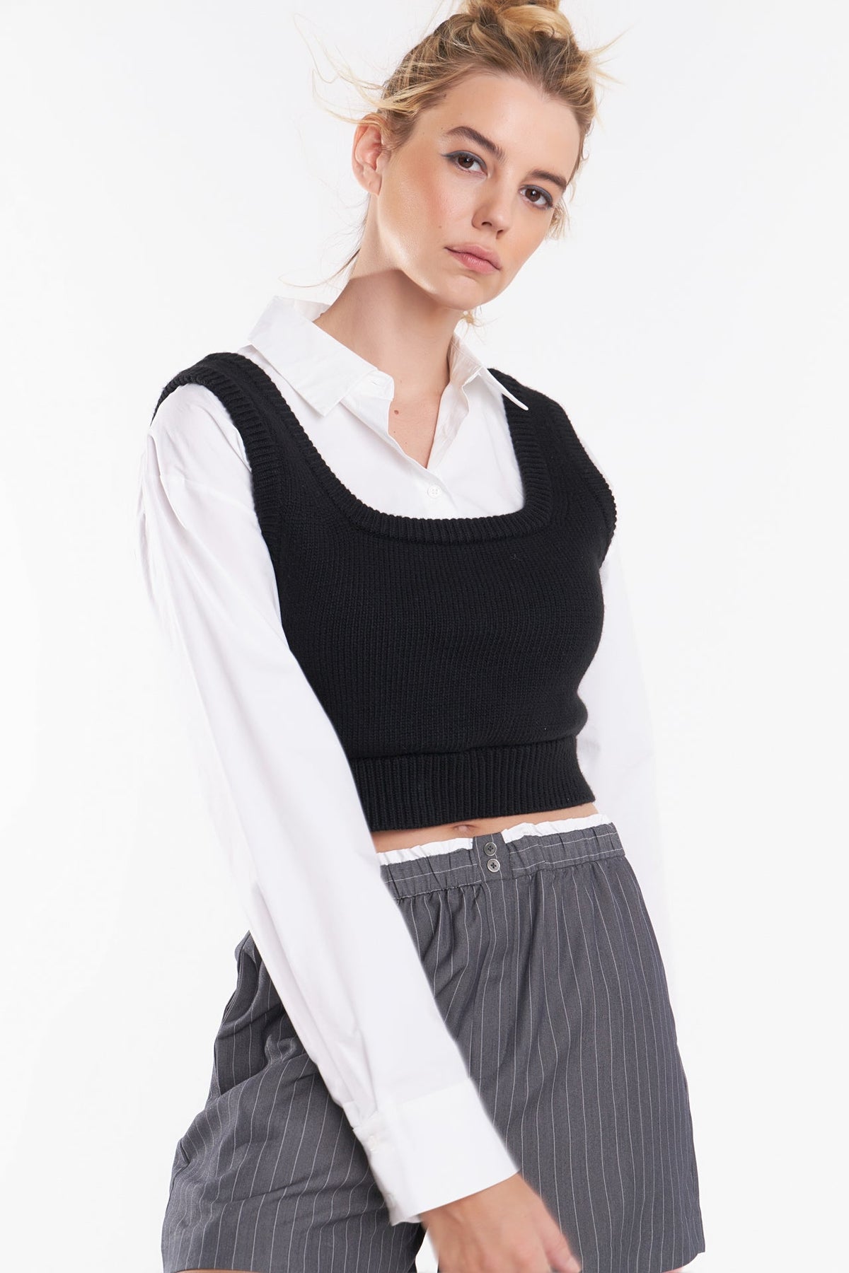 GREY LAB - Grey Lab - Cropped Knit Top Over Shirt - SHIRTS & BLOUSES available at Objectrare