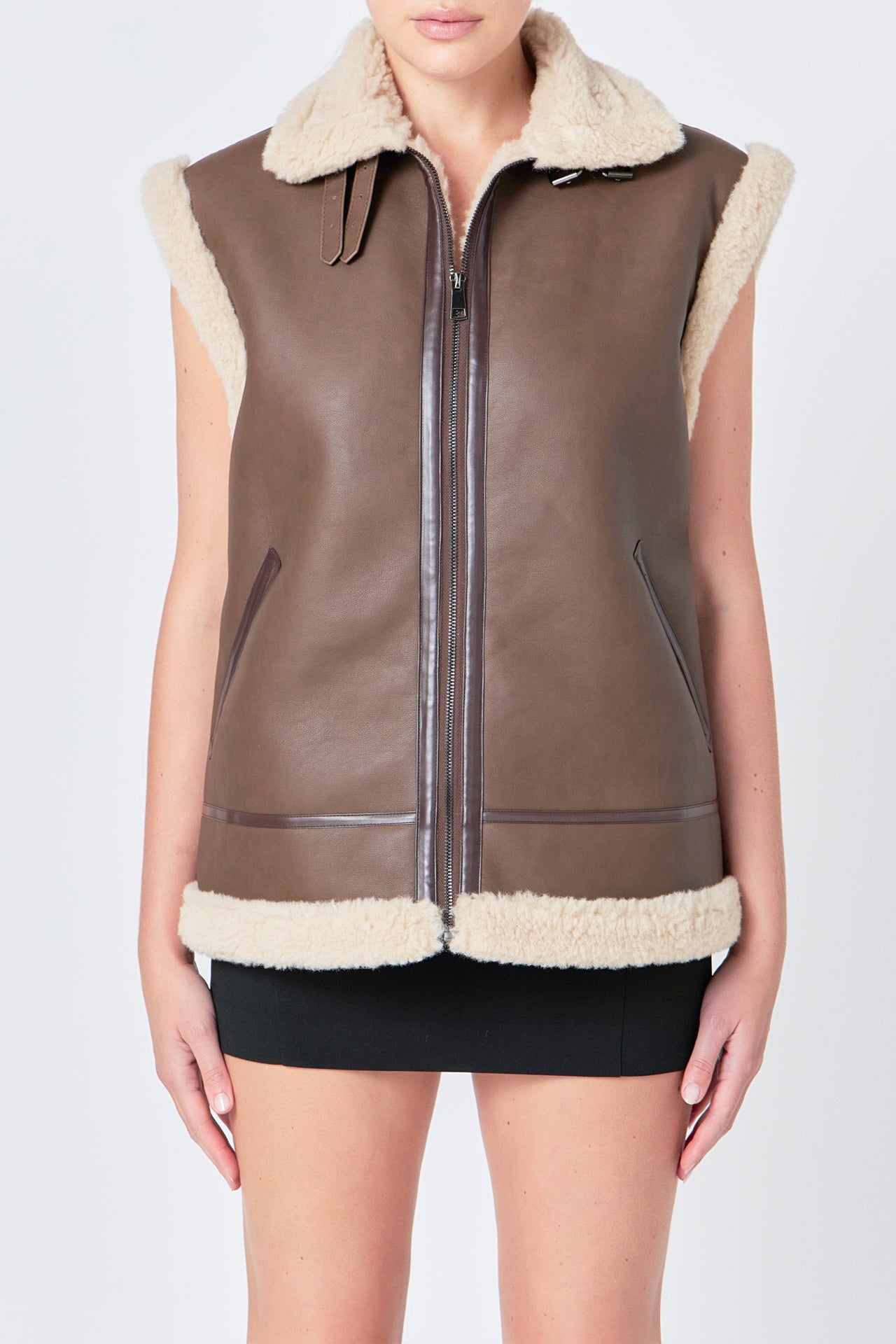 ENDLESS ROSE - Sherpa Lined Faux Leather Vest - OUTERWEAR available at Objectrare