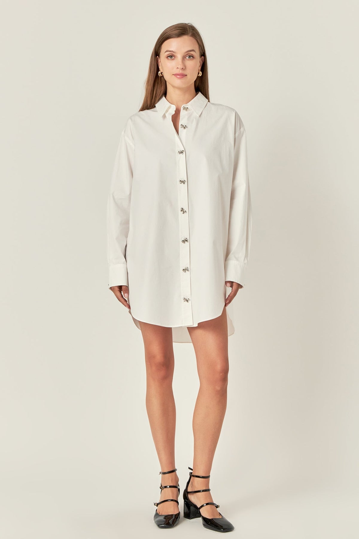 ENGLISH FACTORY - Bow Embellishment Shirt Mini Dress - DRESSES available at Objectrare