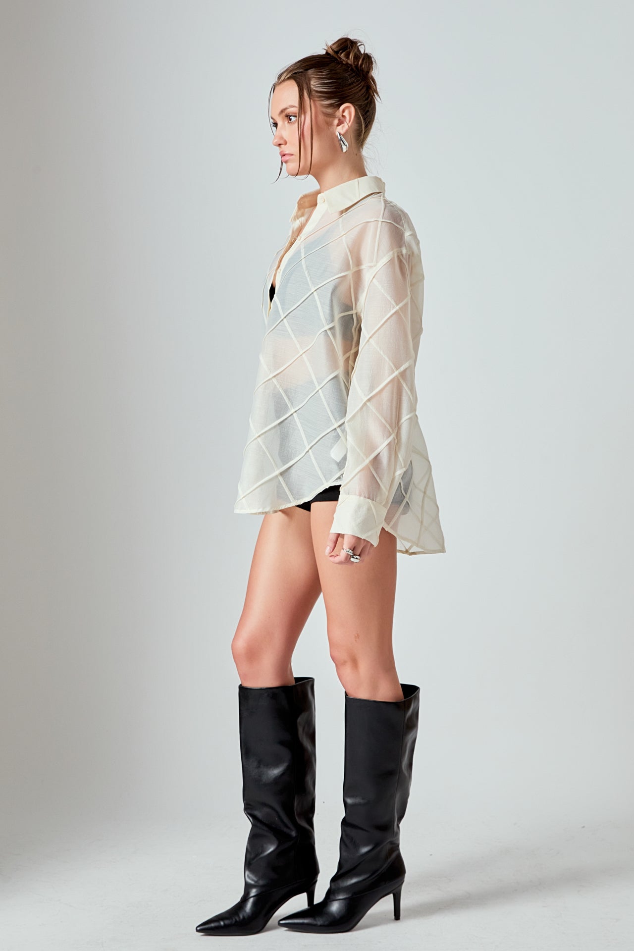 ENDLESS ROSE - Alix Textured Checked Organza Long Sleeve Shirt - TOPS available at Objectrare