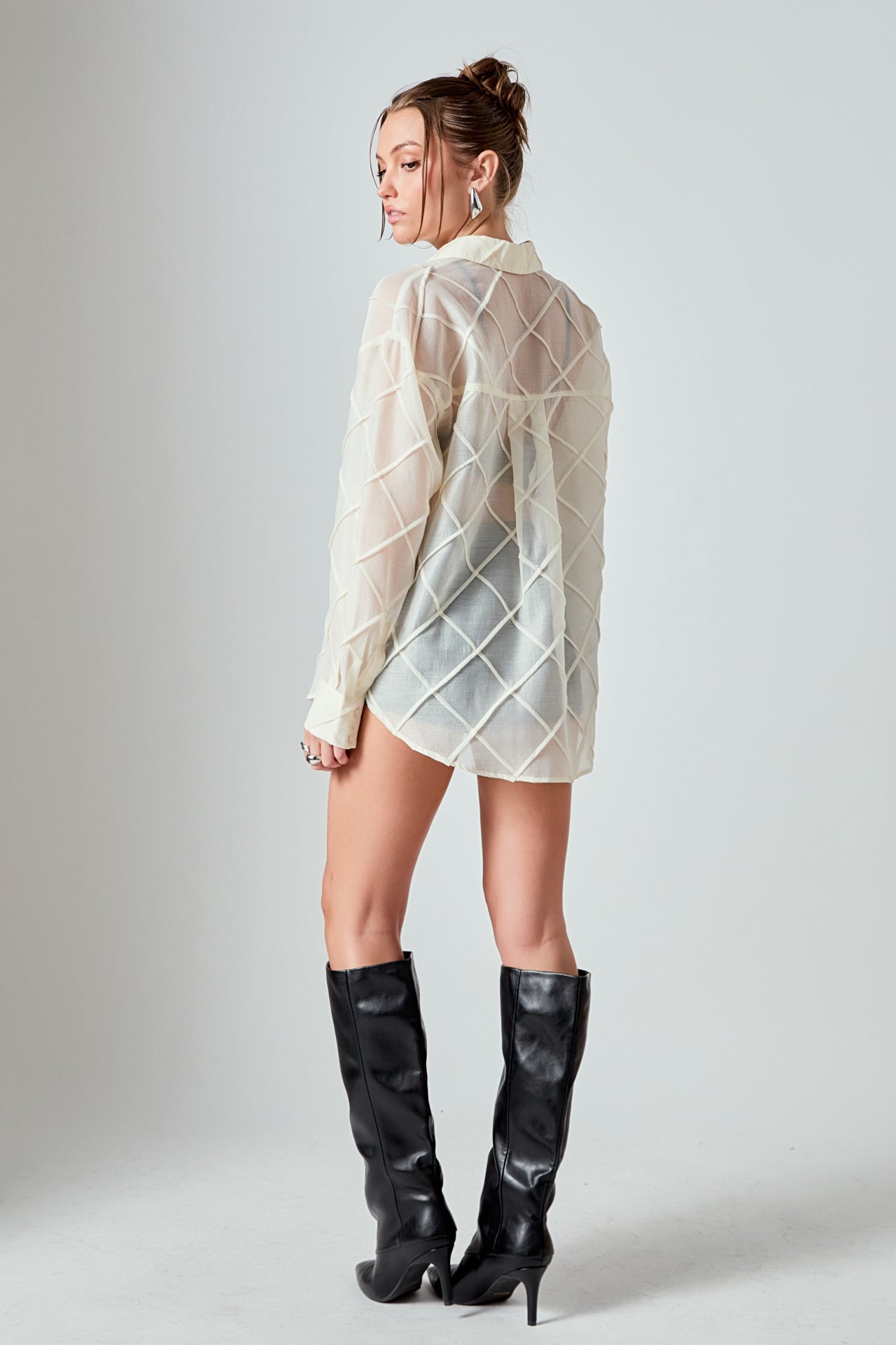 ENDLESS ROSE - Alix Textured Checked Organza Long Sleeve Shirt - TOPS available at Objectrare