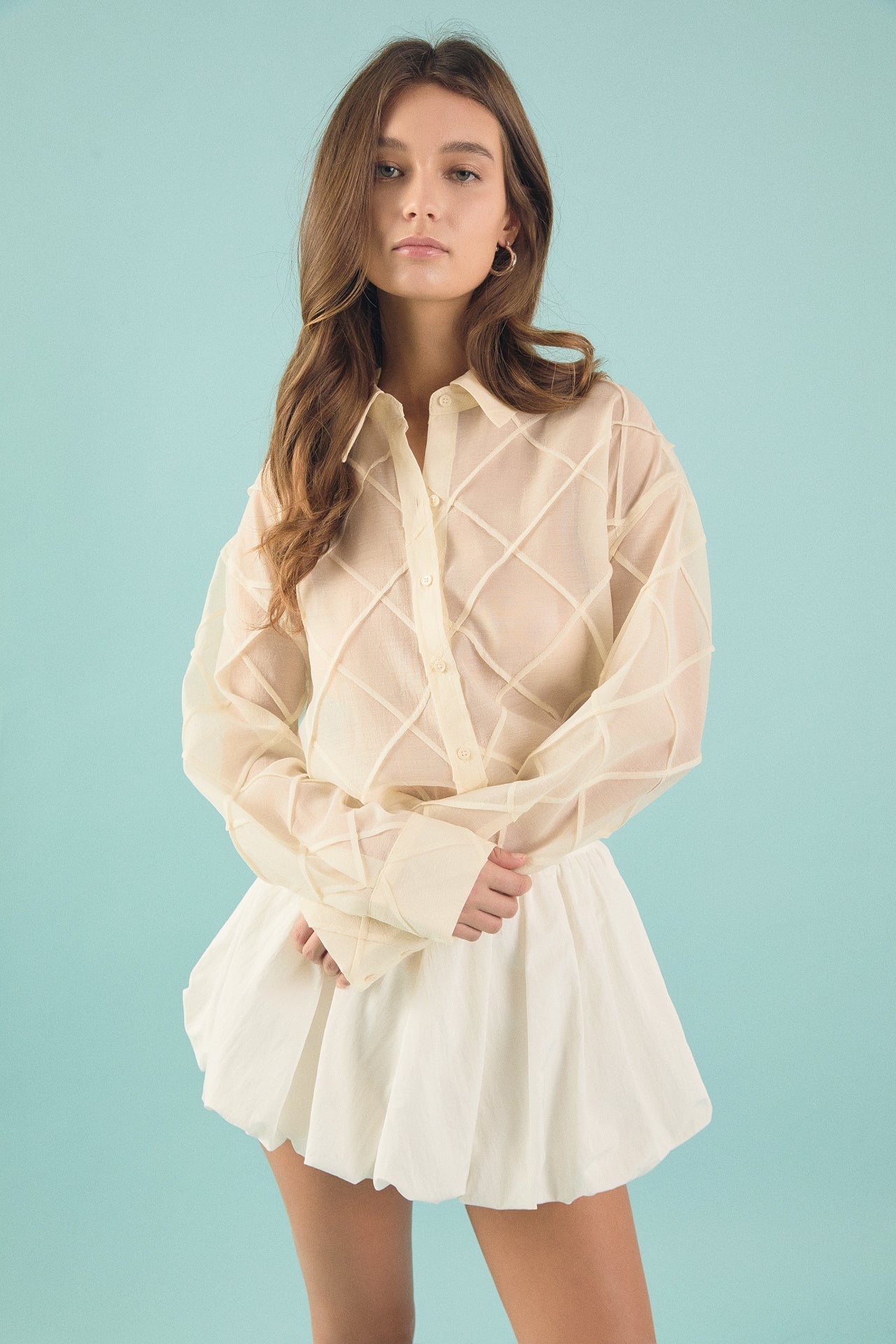 ENDLESS ROSE - Alix Textured Checked Organza Long Sleeve Shirt - TOPS available at Objectrare