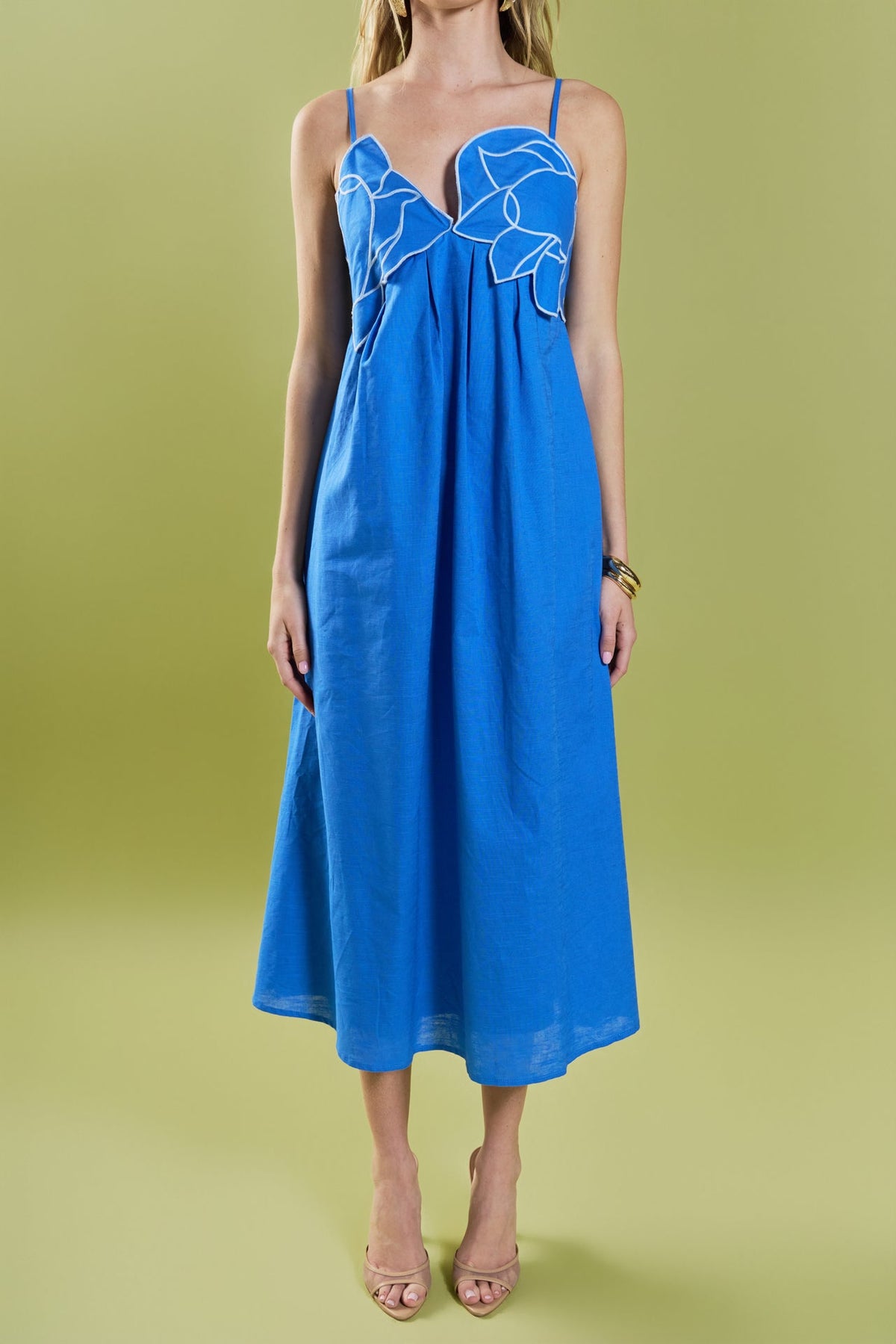 Floral Applique Pleated Midi Dress