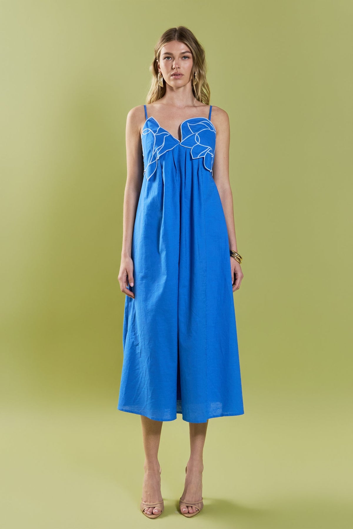 Floral Applique Pleated Midi Dress