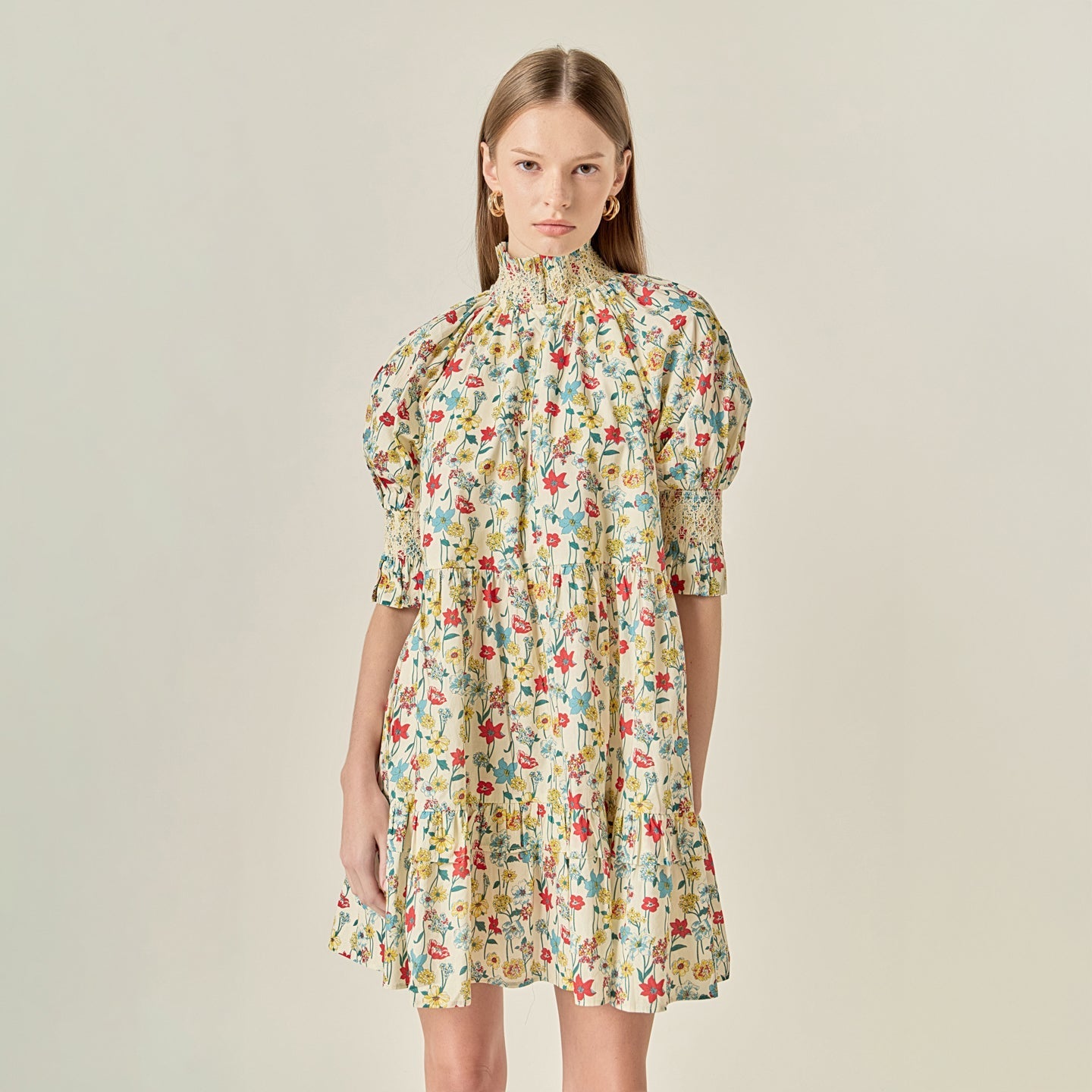 Smocked High Neck Puff Sleeve Mini Dress